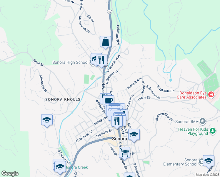 map of restaurants, bars, coffee shops, grocery stores, and more near 255 North Stewart Street in Sonora