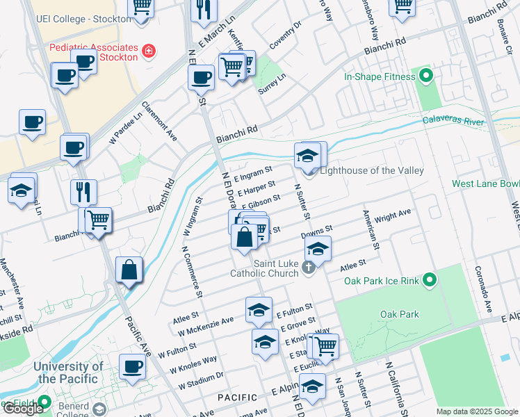 map of restaurants, bars, coffee shops, grocery stores, and more near 131 East Gibson Street in Stockton