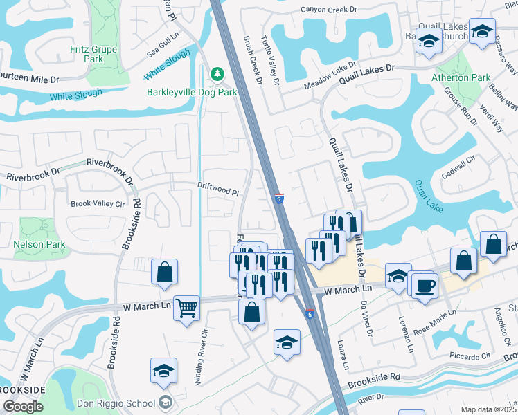 map of restaurants, bars, coffee shops, grocery stores, and more near 5314 Feather River Drive in Stockton