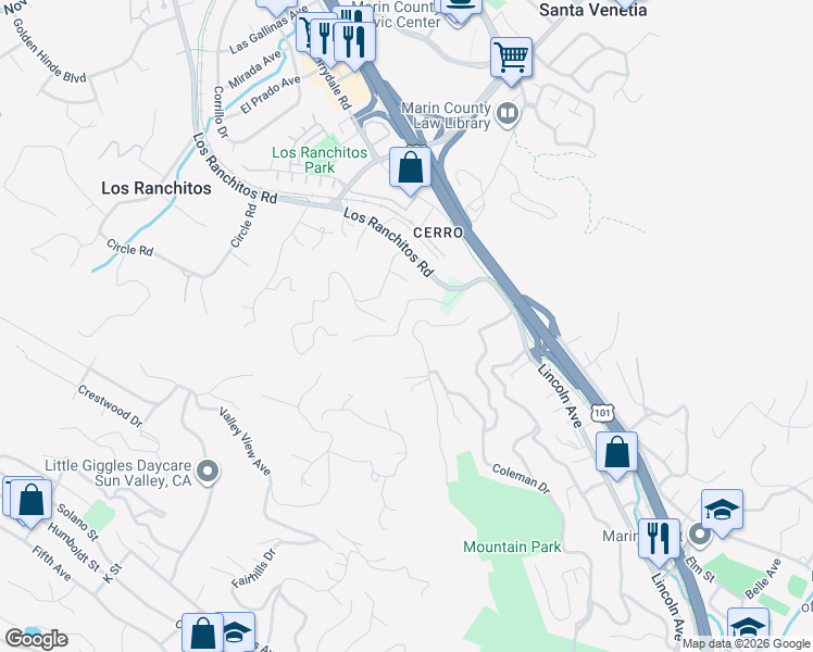 map of restaurants, bars, coffee shops, grocery stores, and more near 15 Red Rock Way in San Rafael