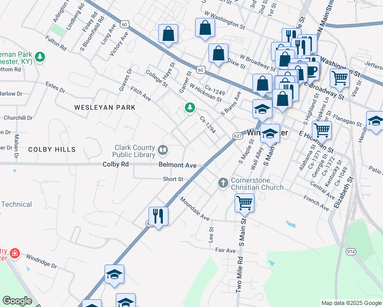 map of restaurants, bars, coffee shops, grocery stores, and more near 341 South Burns Avenue in Winchester