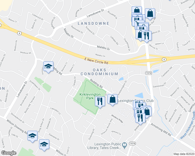 map of restaurants, bars, coffee shops, grocery stores, and more near 395 Redding Road in Lexington