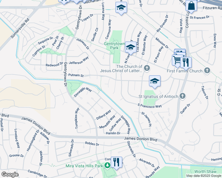 map of restaurants, bars, coffee shops, grocery stores, and more near 3125 Jackson Place in Antioch