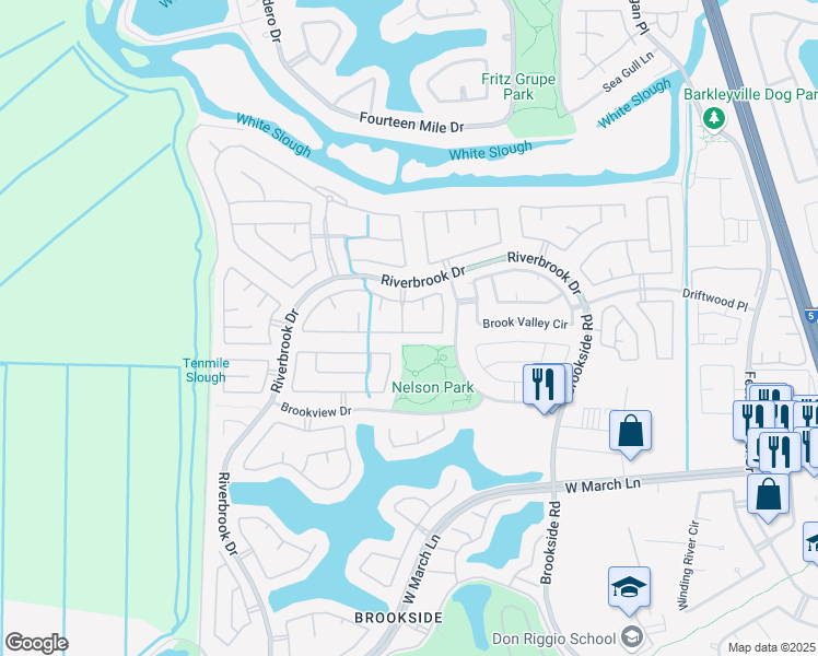 map of restaurants, bars, coffee shops, grocery stores, and more near 3807 Spring Meadow Lane in Stockton