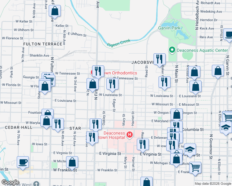 map of restaurants, bars, coffee shops, grocery stores, and more near 1210 Mary Street in Evansville