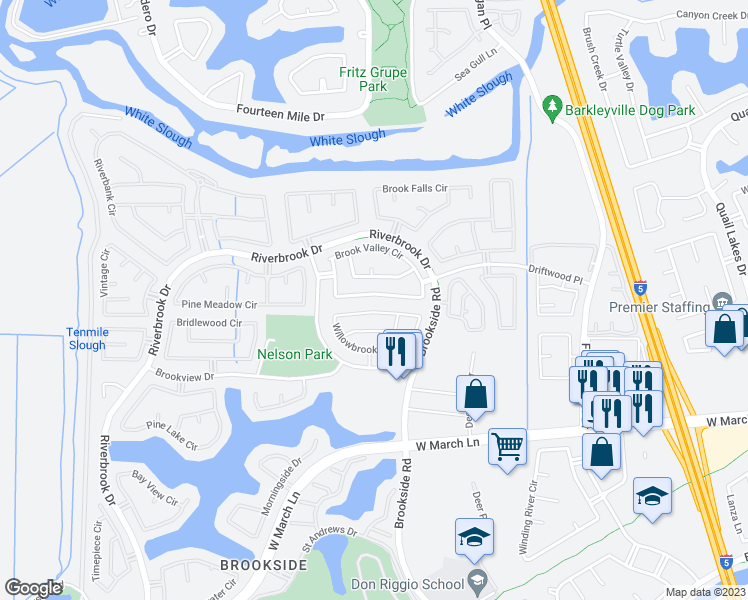 map of restaurants, bars, coffee shops, grocery stores, and more near 3765 Brook Valley Circle in Stockton