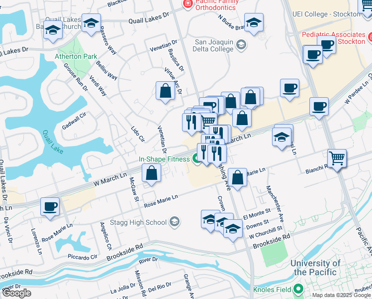 map of restaurants, bars, coffee shops, grocery stores, and more near 150 Saint Marks Plaza in Stockton