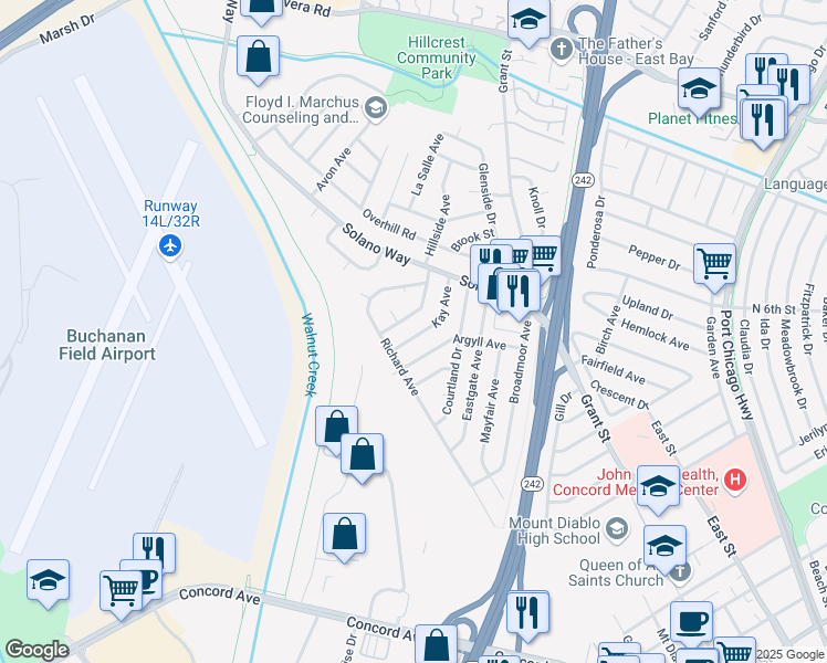map of restaurants, bars, coffee shops, grocery stores, and more near 2725 Kay Avenue in Concord