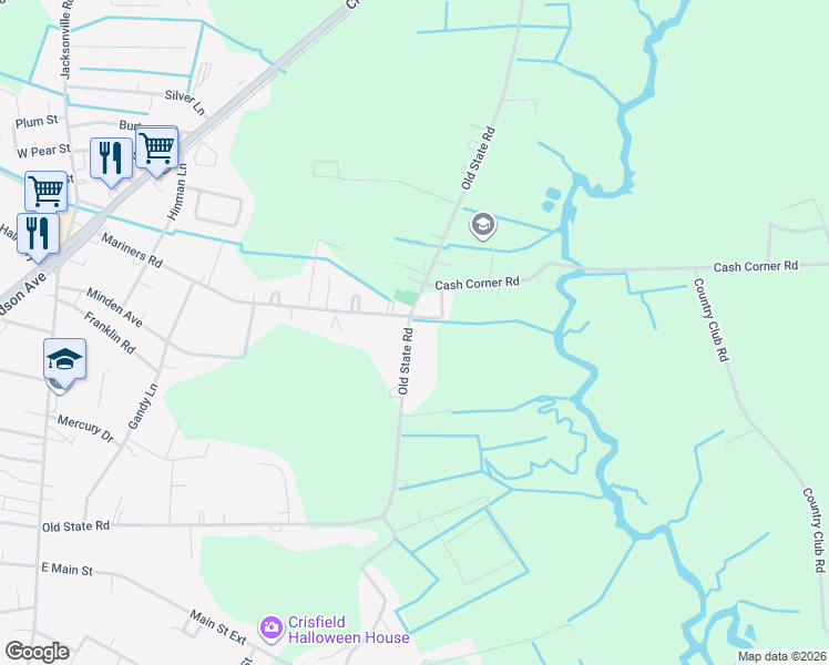 map of restaurants, bars, coffee shops, grocery stores, and more near 26695 Old State Road in Crisfield