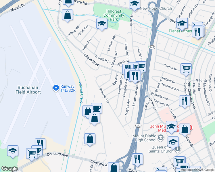 map of restaurants, bars, coffee shops, grocery stores, and more near 2725 Kay Avenue in Concord