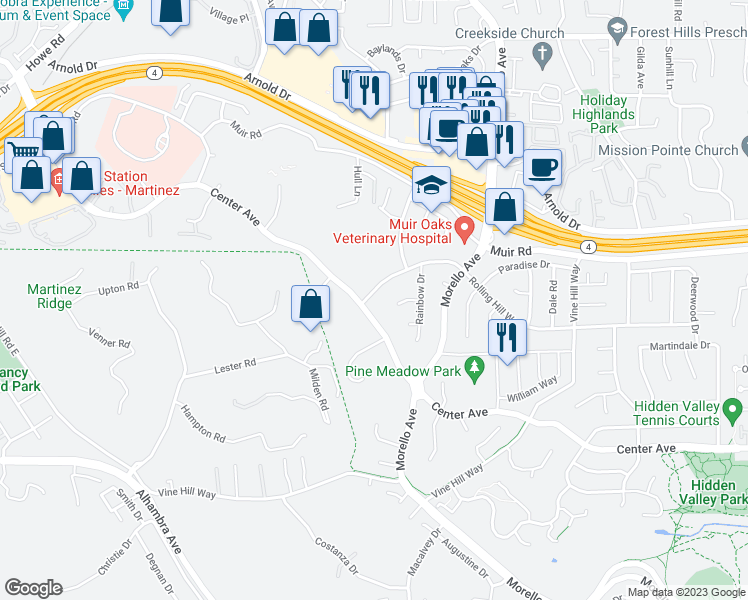 map of restaurants, bars, coffee shops, grocery stores, and more near 1008 Rolling Hill Way in Martinez