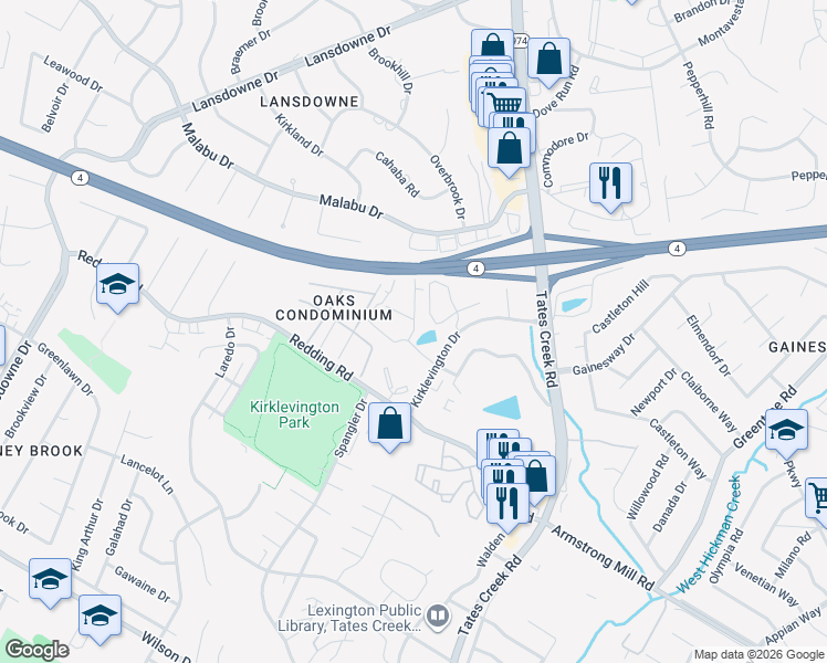 map of restaurants, bars, coffee shops, grocery stores, and more near 3099 Kirklevington Drive in Lexington
