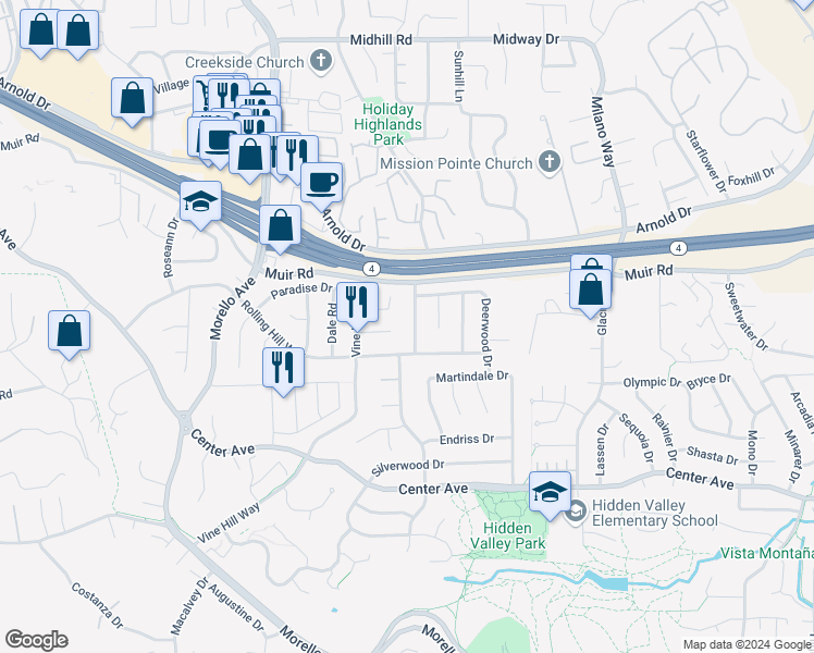 map of restaurants, bars, coffee shops, grocery stores, and more near 2123 Elderwood Drive in Martinez