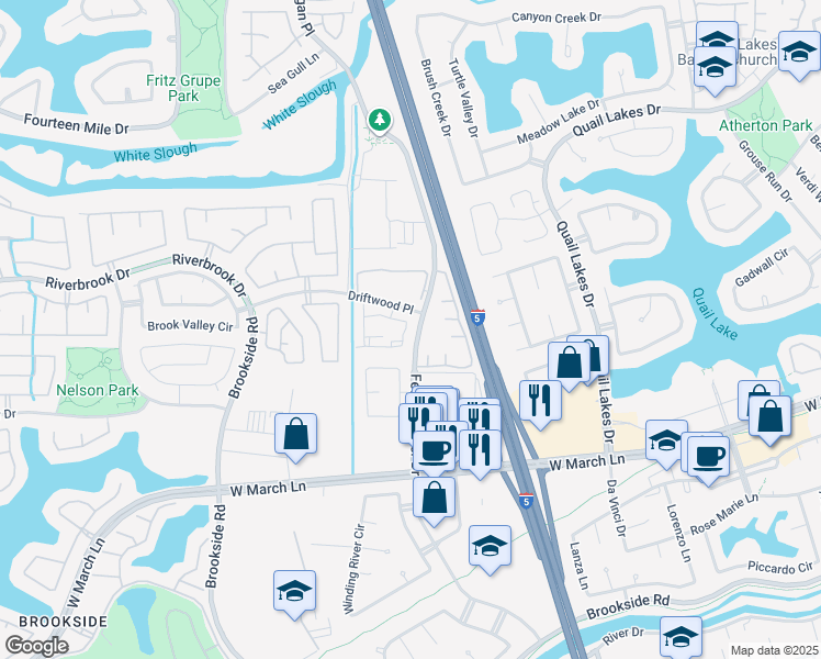 map of restaurants, bars, coffee shops, grocery stores, and more near 2930 Driftwood Place in Stockton