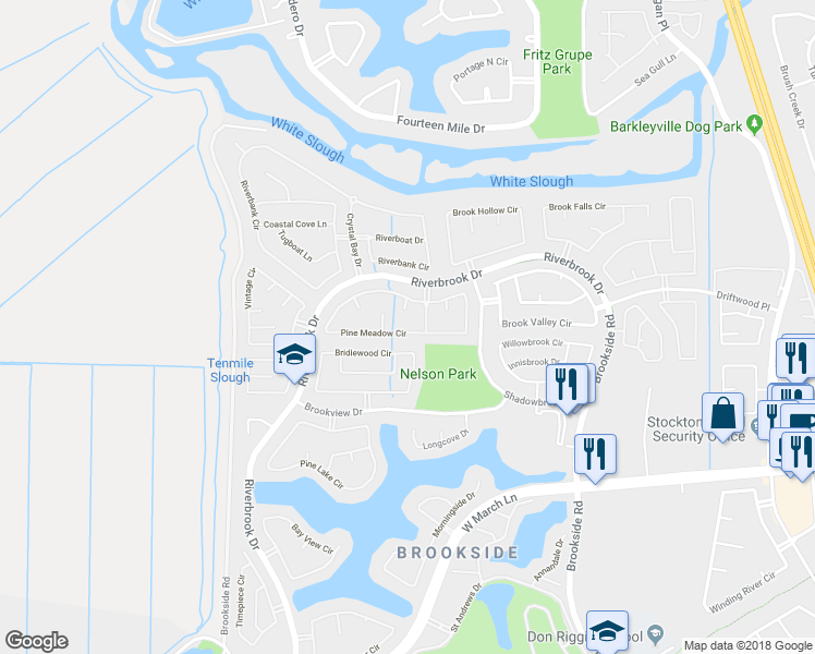 map of restaurants, bars, coffee shops, grocery stores, and more near 6443 Pine Meadow Circle in Stockton