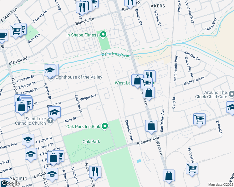 map of restaurants, bars, coffee shops, grocery stores, and more near 4025 Coronado Avenue in Stockton