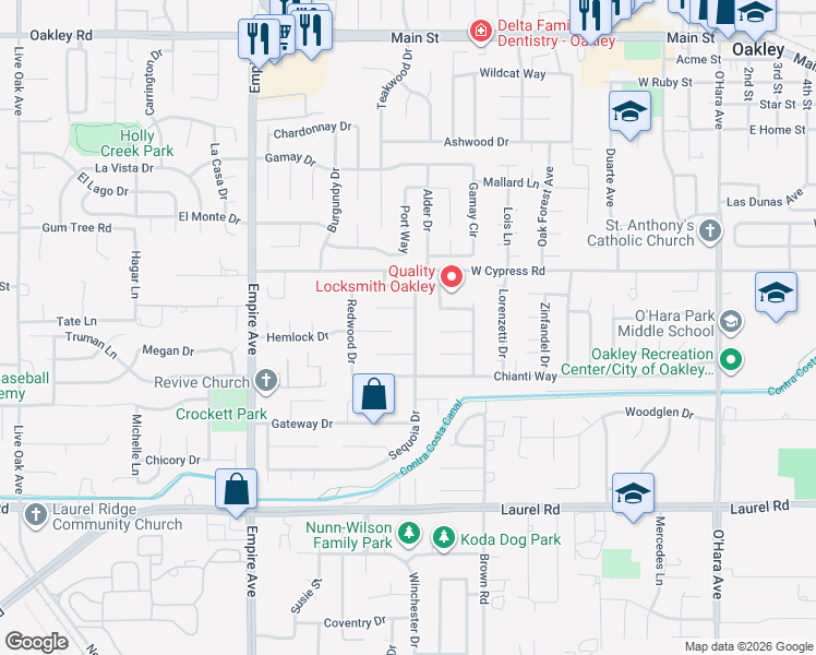 map of restaurants, bars, coffee shops, grocery stores, and more near 1698 Hemlock Court in Oakley