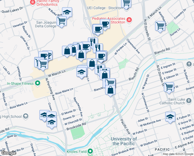 map of restaurants, bars, coffee shops, grocery stores, and more near 4545 Georgetown Place in Stockton