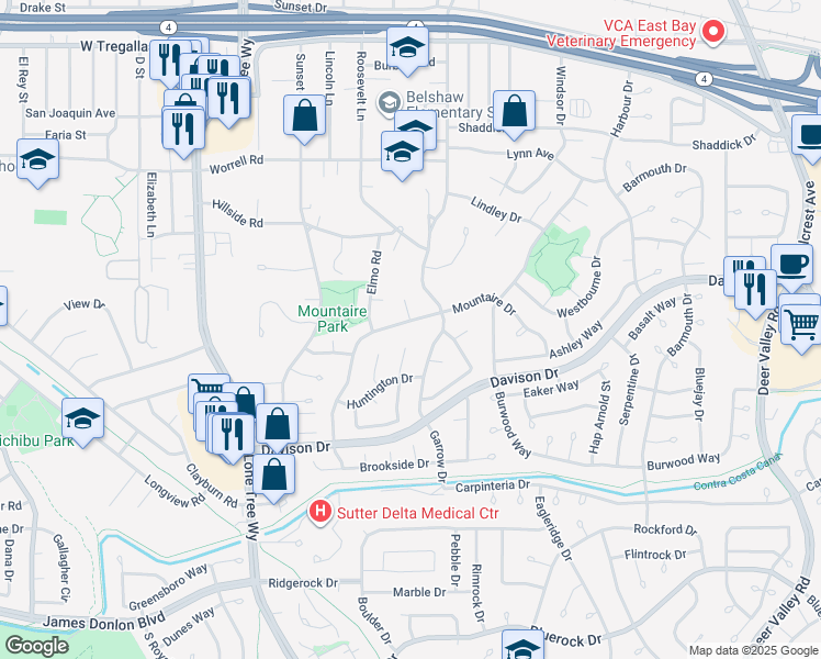 map of restaurants, bars, coffee shops, grocery stores, and more near 3317 Mountaire Drive in Antioch