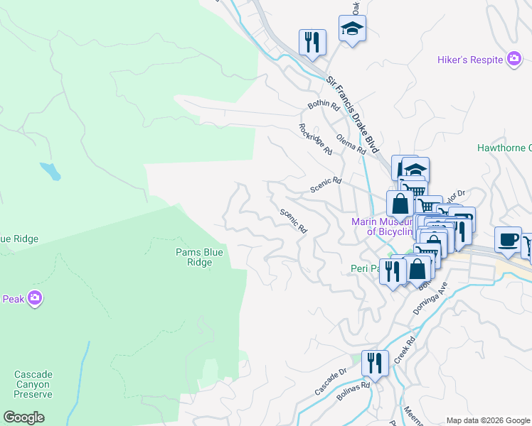 map of restaurants, bars, coffee shops, grocery stores, and more near 62 Redwood Road in Fairfax
