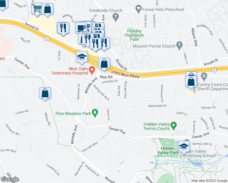 map of restaurants, bars, coffee shops, grocery stores, and more near 445 Diablo Way in Martinez