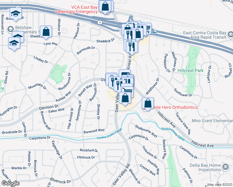 map of restaurants, bars, coffee shops, grocery stores, and more near 3381 Deer Valley Road in Antioch