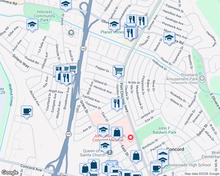 map of restaurants, bars, coffee shops, grocery stores, and more near 2426 Upland Drive in Concord