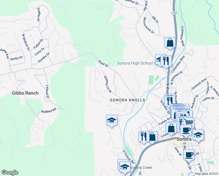 map of restaurants, bars, coffee shops, grocery stores, and more near 725 Arbona Circle North in Sonora