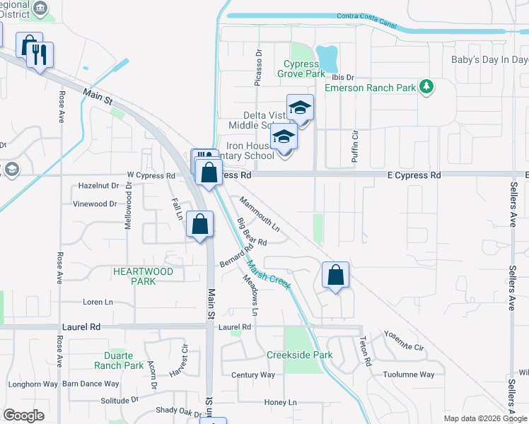 map of restaurants, bars, coffee shops, grocery stores, and more near 4746 Mammouth Lane in Oakley