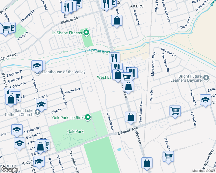 map of restaurants, bars, coffee shops, grocery stores, and more near 4025-4033 Coronado Ave in Stockton