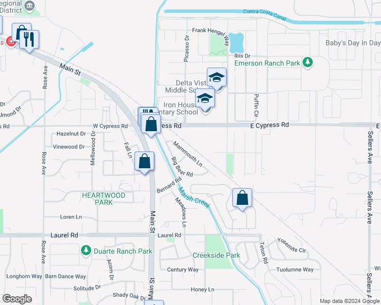 map of restaurants, bars, coffee shops, grocery stores, and more near 4746 Mammouth Lane in Oakley
