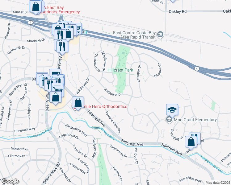map of restaurants, bars, coffee shops, grocery stores, and more near 3025 Sunflower Drive in Antioch