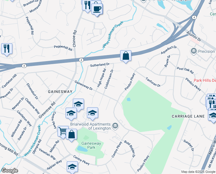 map of restaurants, bars, coffee shops, grocery stores, and more near 3354 Coldstream Drive in Lexington