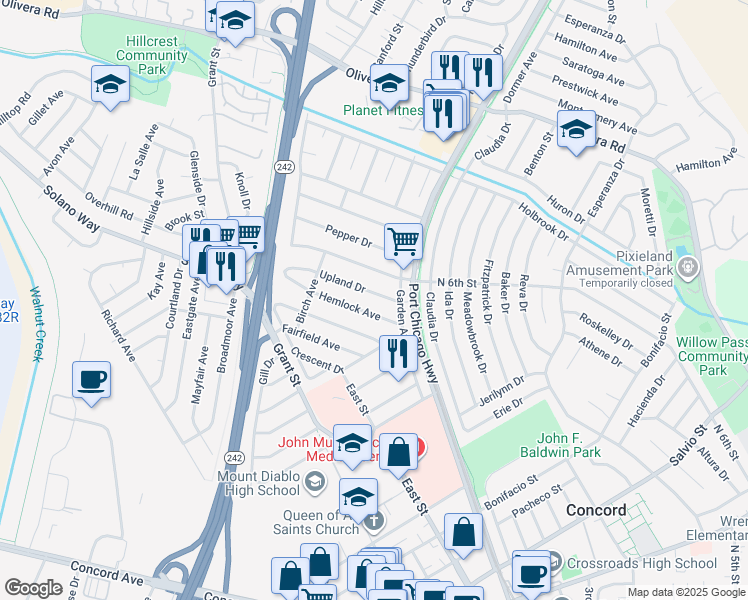 map of restaurants, bars, coffee shops, grocery stores, and more near 2426 Upland Drive in Concord