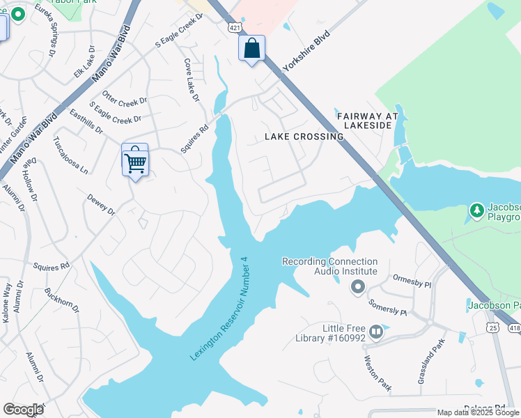 map of restaurants, bars, coffee shops, grocery stores, and more near 301 Shoreside Drive in Lexington