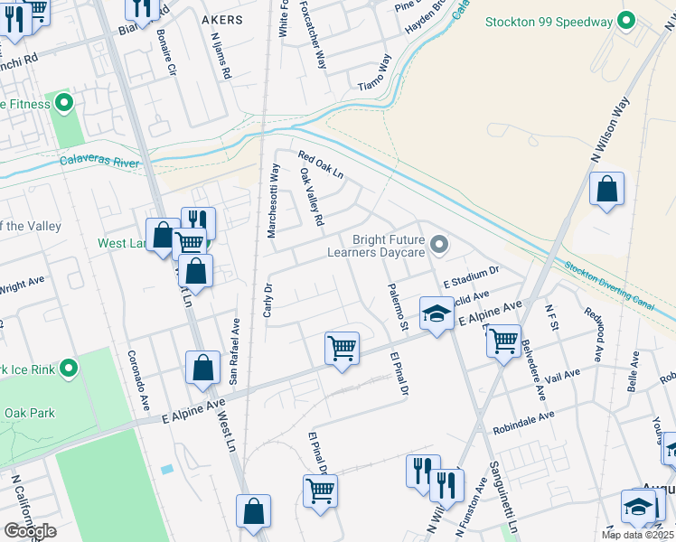 map of restaurants, bars, coffee shops, grocery stores, and more near 3657 El Pinal Drive in Stockton