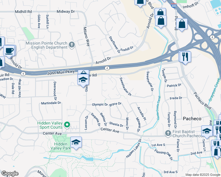 map of restaurants, bars, coffee shops, grocery stores, and more near 139 Fountainhead Court in Martinez