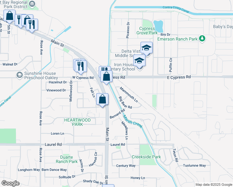 map of restaurants, bars, coffee shops, grocery stores, and more near 4661 Big Bear Road in Oakley