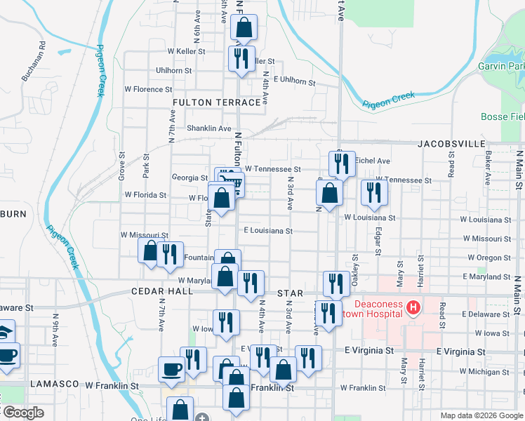 map of restaurants, bars, coffee shops, grocery stores, and more near 1209 North 4th Avenue in Evansville
