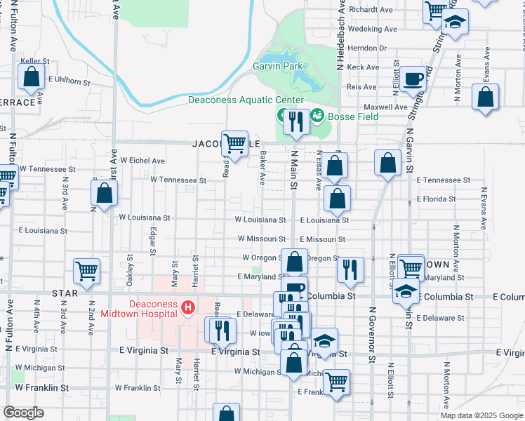 map of restaurants, bars, coffee shops, grocery stores, and more near 1217 Baker Ave in Evansville