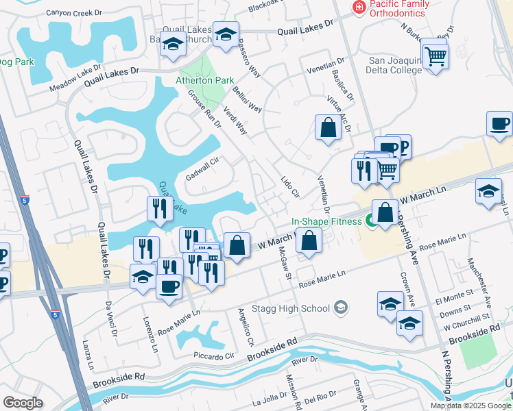 map of restaurants, bars, coffee shops, grocery stores, and more near 4805 Grouse Run Drive in Stockton