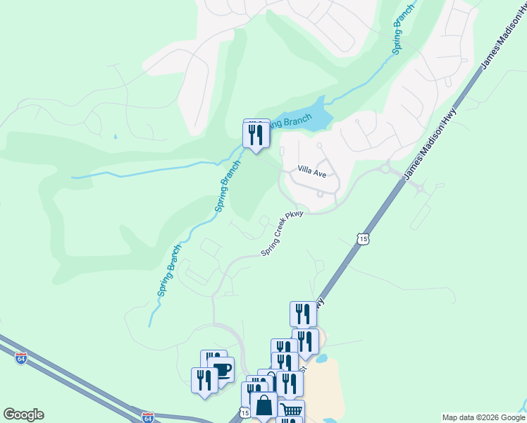 map of restaurants, bars, coffee shops, grocery stores, and more near 42 Timber Ridge Court in Louisa