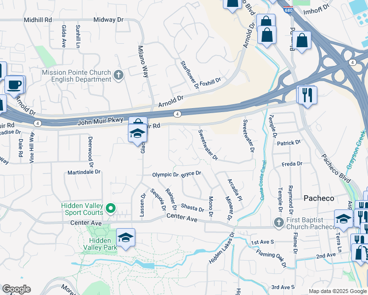 map of restaurants, bars, coffee shops, grocery stores, and more near 139 Fountainhead Court in Martinez