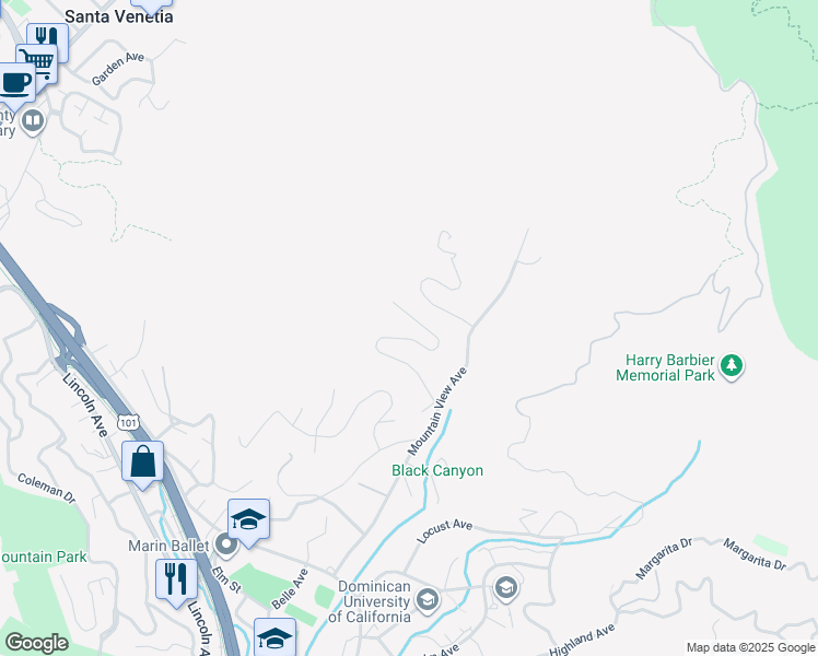 map of restaurants, bars, coffee shops, grocery stores, and more near 129 Convent Court in San Rafael