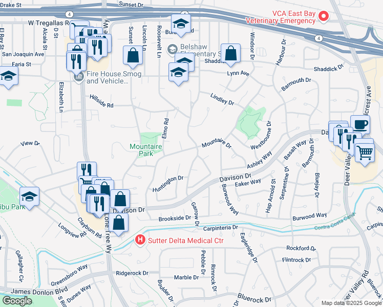 map of restaurants, bars, coffee shops, grocery stores, and more near 3400 Garrow Drive in Antioch