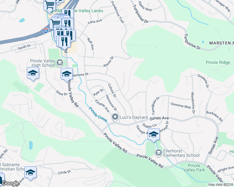 map of restaurants, bars, coffee shops, grocery stores, and more near 2520 Lucas Avenue in Pinole