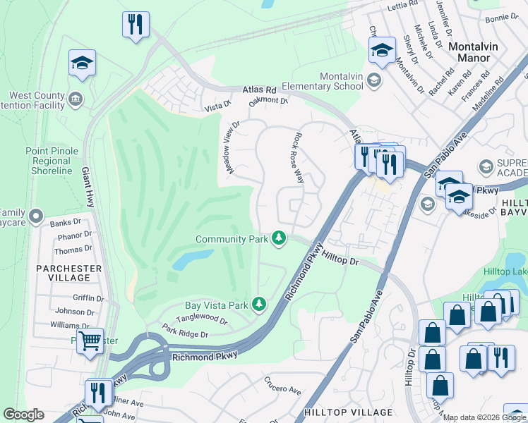 map of restaurants, bars, coffee shops, grocery stores, and more near 3612 Sky Park Place in Richmond