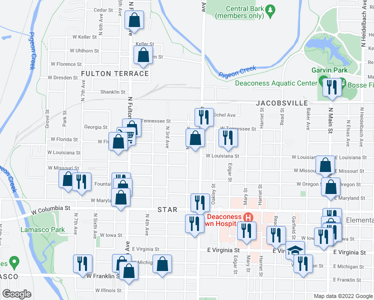 map of restaurants, bars, coffee shops, grocery stores, and more near 1202 North 2nd Avenue in Evansville