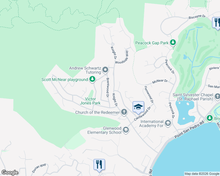 map of restaurants, bars, coffee shops, grocery stores, and more near 46 Brentwood Drive in San Rafael