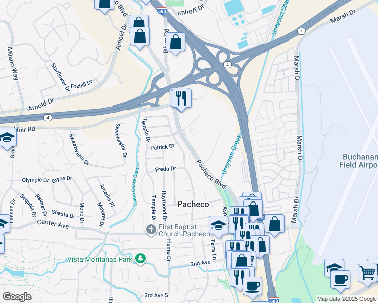 map of restaurants, bars, coffee shops, grocery stores, and more near 5342 Pacheco Manor in Pacheco